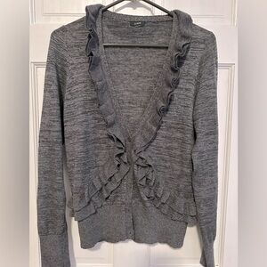 J. Crew Gray Ruffle Cardigan Sweater